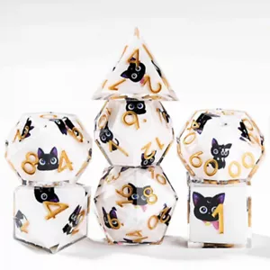 Set dadi DND in resina 7 pezzi fustella poliedrica occhi grandi simpatico gatto RPG Dungeons Dragons - Foto 1 di 7