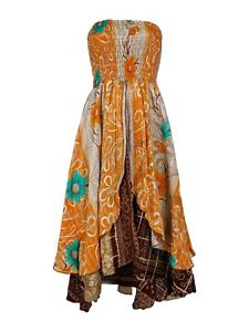 Indisches Blumenmuster zweilagiges Seidenstil Sari Viskose Sommer trägerloses Kleid oder Rock