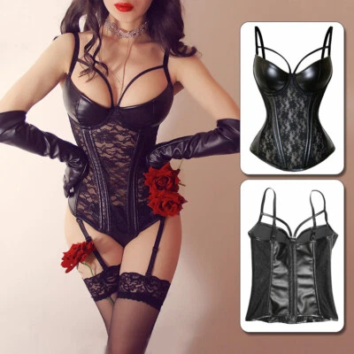 Women Vintage Gothic Sexy Lace PU Leather Overbust Steel Boned Bodyshaper - Image 1 of 4