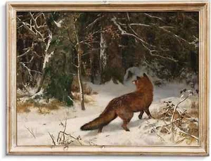 Vintage Wall Art Prints - Vintage Winter Landscape Oil Painting, Antique Fox in  - Picture 1 of 7