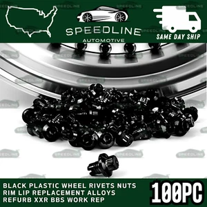 100 x Black Plastic Wheel Rivets Nuts Rim Lip Replacement Alloys BBS Work Style - Picture 1 of 1