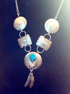 Vintage Sterling Signed Navajo Turquoise Eagle Feather Concho Necklace reg $450 - Picture 1 of 11