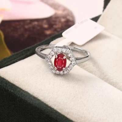 Ruby Diamond Wedding Halo Ring 925 Sterling Silver July Birthstone Gift For Her - Image 1 of 4