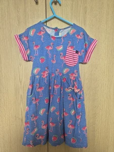 Jojo Maman Bebe Blue Pink Flamingo Short Sleeve Cotton Summer Girl Dress 5-6 Yrs - Picture 1 of 4