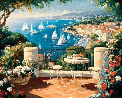 Pintura al óleo de paisaje del mar Mediterráneo decoración del hogar arte de pared impreso en lienzo Foto 1 de 4