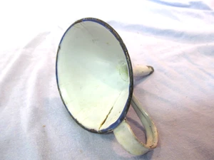 3 3/4" WHITE WITH BLUE EDGE ENAMEL WARE FUNNEL WITH HANDLE - Picture 1 of 3