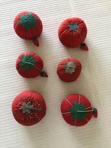 6-Vintage Pin Cushion Lot Red Fabric Tomato with Strawberries Sewing Pins - Picture 1 of 24