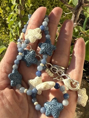 Blue & Cream Starfish Barnacle & Stone/ Glass Beaded Beach Necklace - Image 1 of 3