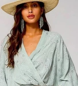 Young Fabulous & Broke Tia Eyelet Tie Dye Faux Wrap Top In Aqua Wash sz Small - Picture 1 of 8