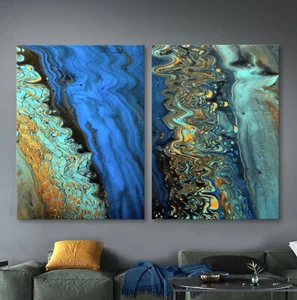 STREAM Abstrakt Leinwand BILD SET Grau Blau Modern Gemälde Kunst Druck Wandbild - Bild 1 von 9