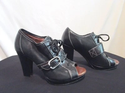 Anthropologie Naya Kasha Black Leather Buckle PeepToe High Heel Booties Shoes 5M - Image 1 of 4