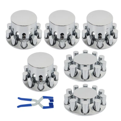 Chrome Flat Top Complete Hub Cover Kit 33mm Lug Nut Wheel Axle Covers Semi Truck - Image 1 of 4