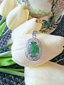 Genuine Icy Deep Green 2ct Jadeite Jade (Type A) 925 Silver Pendant with Chain - Picture 1 of 12
