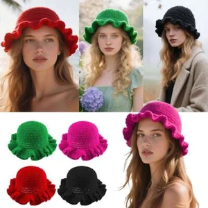 Cappello donna all'uncinetto lavorato a maglia orlo arruffato secchiello cappello fatto a mano primavera dolce ragazza - Foto 1 di 16