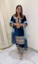 Readymade Stitched Long Blue Velvet Salwar Kameez Anarkali Sequence Suit