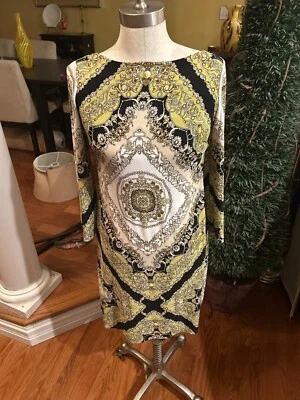 Vestido KENAR Talla 4 Boho Mandala Acampanado Manga 3/4 Verde Amarillo Negro Blanco Foto 1 de 4