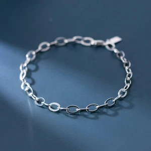 Woman Real S925 Sterling Silver Solid 4mm Rolo Link Chain Bracelet Bangle 9.5'' - Picture 1 of 4