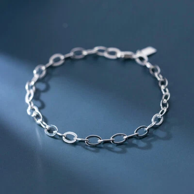 Woman Real S925 Sterling Silver Solid 4mm Rolo Link Chain Bracelet Bangle 9.5'' - Image 1 of 4