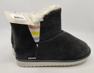 MUK LUKS WOMEN'S STRIPED KNIT FLAT WINTER ANKLE BOOTS sz 8 CHARCOAL / MULTI - Image 1 of 4