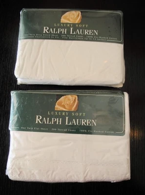 NIP Ralph Lauren Luxury Soft Chaumont White Twin Sz Flat Fitted Sheet SET Eyelet - Image 1 of 4