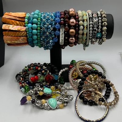 Stretch Bracelet Lot Colorful Chunky Statement Dressy Boho Costume Jewelry - Image 1 of 4