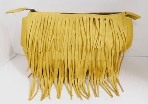 Jennifer Haley Boho Fringe Yellow Leather Clutch Bag - Picture 1 of 9
