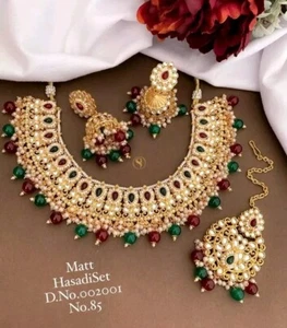 Indian Gold Plated Bollywood Style Kundan Choker Necklace Emerald Jewelry Set - Picture 1 of 3