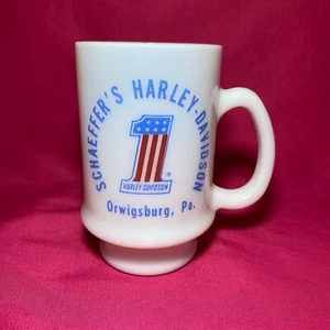 Taza de vidrio con leche Harley Davidson vintage de Schaeffer Orwigsburg PA - Imagen 1 de 6