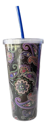Vera Bradley Vaso de Viaje Tapa y Pajita Negro Púrpura Paisley Floral Frío Regalo Foto 1 de 4