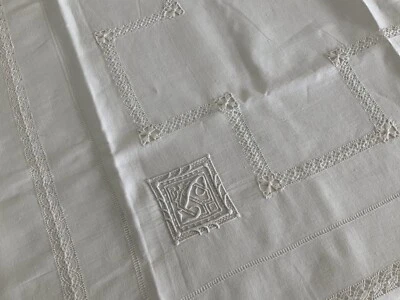 Linge Ancien Nappe Mariage En Lin Richement Travaillé Monogramme Entrelacés JB - Photo 1/4