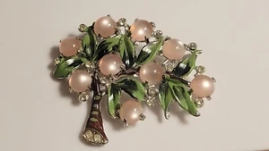 Pink Themoset Moonglow Lucite Enamel Rhinestone Fruit Tree Silver Brooch Vintage - Picture 1 of 5