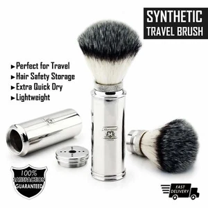 Men's Travel Shaving Brush With Synthetic Bristle & Stainless Steel Handle - Picture 1 of 6