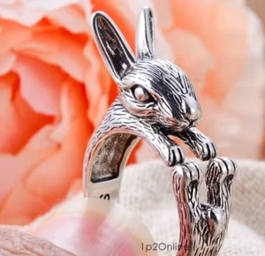 Big Bunny Rabbit Wrap Ring Antique Sterling Silver 925 Jewelry Birthday Gift - Picture 1 of 3