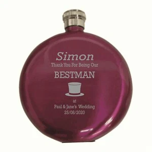 Personalised  Bestman Top Hat  5oz Round Hot Pink Hip Flask In A Paper Box HF601 - Picture 1 of 1