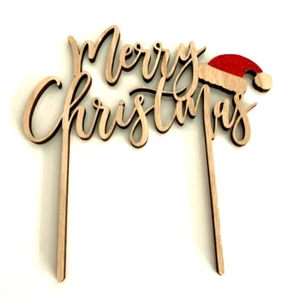 BUON NATALE Cake TOPPER RUSTICO in legno con glitter ROSSO CAPPELLO BABBO NATALE - Foto 1 di 8