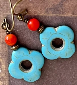 Bronze, Orange and Turquoise Quatrefoil Bead Earrings. - Picture 1 of 3