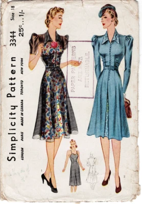 FF 36" ORIGINAL 1940s Redingote Dress Wartime Sewing Pattern Simplicity 3344 - Image 1 of 3