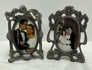 set of 2 Mini Pewter Vintage Picture Photo Frames Small Art Nouveau Floral Style - Picture 1 of 5