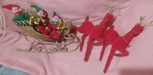 1950'S RED VELVET REINDEERS SLEIGH & 3 ELVES WITH BELLS CHRISTMAS DECOR 05344 - Picture 1 of 15