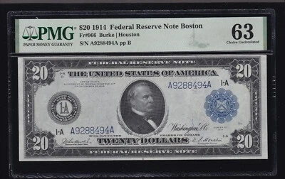 US 1914 $20 FRN Boston Note Burke/Houston FR 966 PMG 63 Ch CU (494) - Image 1 of 2
