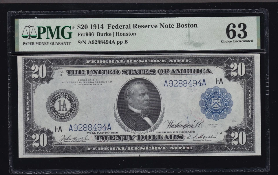 US 1914 $20 FRN Boston Note Burke/Houston FR 966 PMG 63 Ch CU (494) - Image 1 of 2