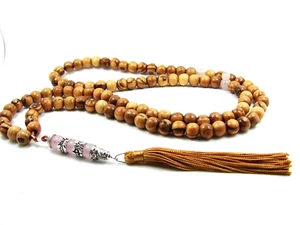 8 mm/99 ECHTES OLIVENHOLZ TASBIH mit ROSENQUARZ IMAM & MARKERN - Bild 1 von 6