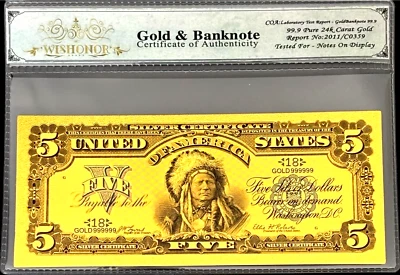 1899 $5 INDIAN CHIEF SILVER CERTIFICATE BILL US BANKNOTE WITH COA 99.9% 24K GOLD - Image 1 of 4