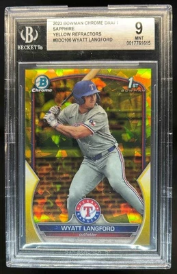 2023 Bowman Draft Sapphire Wyatt Langford Chrome Yellow Refractor 1st #/75 BGS 9 - Image 1 of 2