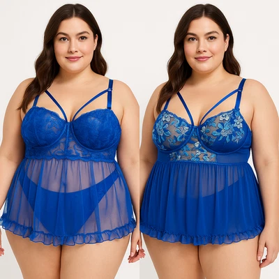 2PC Women Sexy Blue Lace Butterfly Lingerie Babydoll Adjustable Strap Plus 4XL - Image 1 of 4