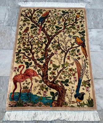 Pictorial Rug Birds on tree Design High Quality Silk Home Decor Rug,3x4ft - Image 1 of 4