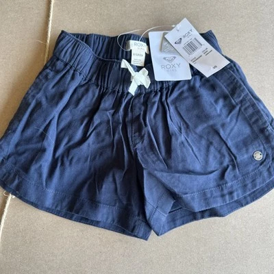 Roxy Una Mattina Twill Shorts Big Girls S (8) Navy Pockets Elastic Waist Pull On — 第 1/3 张图片