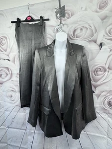 Traje Pantalón ZARA Damas Gris Plateado Talla L 14 Brillante Fiesta Boda 32" Pierna Nuevo con Etiquetas - Imagen 1 de 17