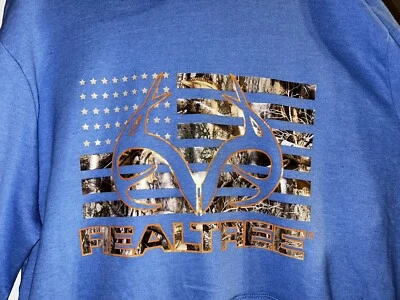 Large Men’s RealTree Light Blue Flag And Camo Logo Pull Over Fleece Hoodie NWT - Image 1 of 4