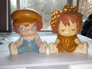 2 Handpainted Big Eye WAX Girl and Boy Unique Nursery Shelf Sitters Hard to find - Picture 1 of 11